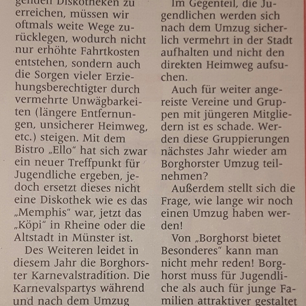 Leserbrief zum Thema Borghorster Karneval